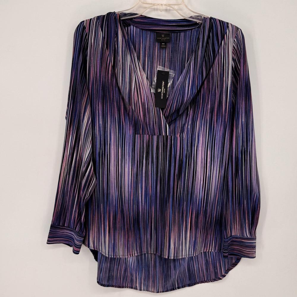 Worthington Blouse Women PM Purple New Stripe V-Neck High-Low Long Sleeve Top